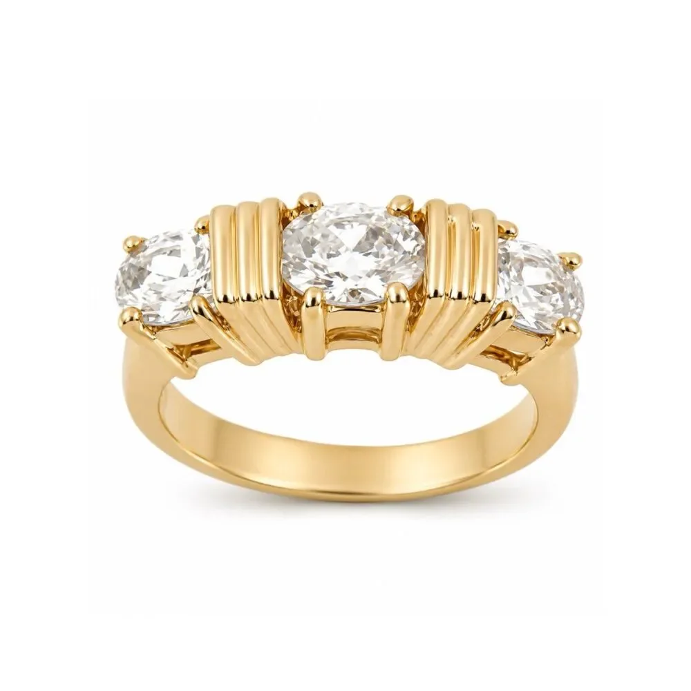 Vintage 1980s Ring Size 8 CZ Three Stone Textured Gold Plated Band - 14S